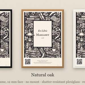 Personalised ex libris bookplate print in engraved ink on cream: a border of stacked books, a reading lamp and a cup of tea, with Ex Libris above and a mum's name and a year set in the centre.