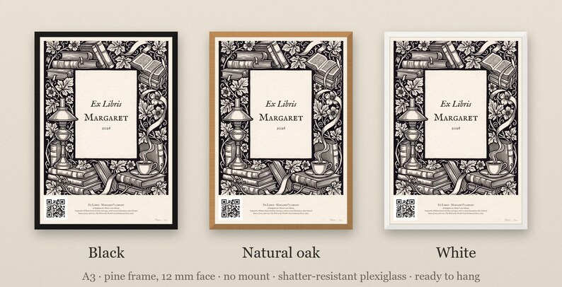 Personalised ex libris bookplate print in engraved ink on cream: a border of stacked books, a reading lamp and a cup of tea, with Ex Libris above and a mum's name and a year set in the centre.