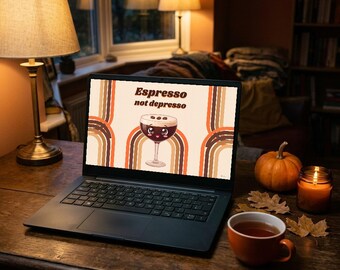 Può includere: Un computer portatile nero che mostra una grafica sullo schermo con il testo Espresso not depresso sopra un'illustrazione a cartone animato di un caffè in un bicchiere, circondato da strisce arcobaleno verticali marroni e arancioni.