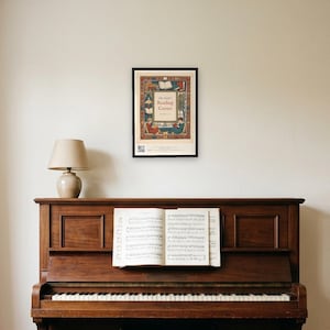Personalised reading corner bookplate print in engraved ink on cream: a border of stacked books, a reading lamp and an open window, with Ex Libris above and a teacher's name and class year set in the centre.