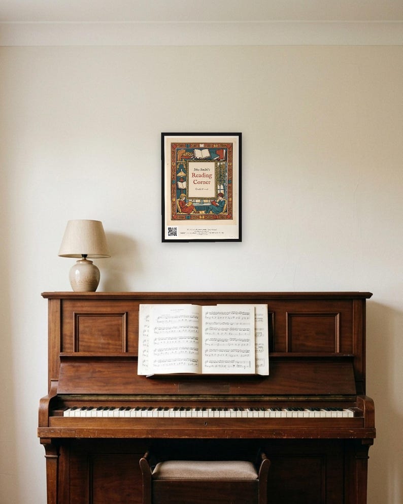 Personalised reading corner bookplate print in engraved ink on cream: a border of stacked books, a reading lamp and an open window, with Ex Libris above and a teacher's name and class year set in the centre.