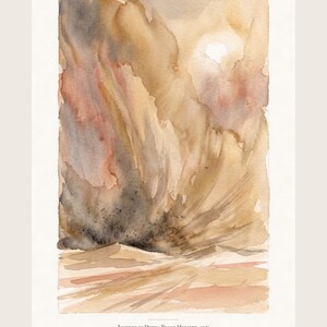 Dune inspired art print in watercolour style: a towering desert sandstorm with a pale sun behind it and one tiny flying machine heading into it. Shown framed in black, white or natural oak and unframed, with the style reference and behind-the-scenes shots.