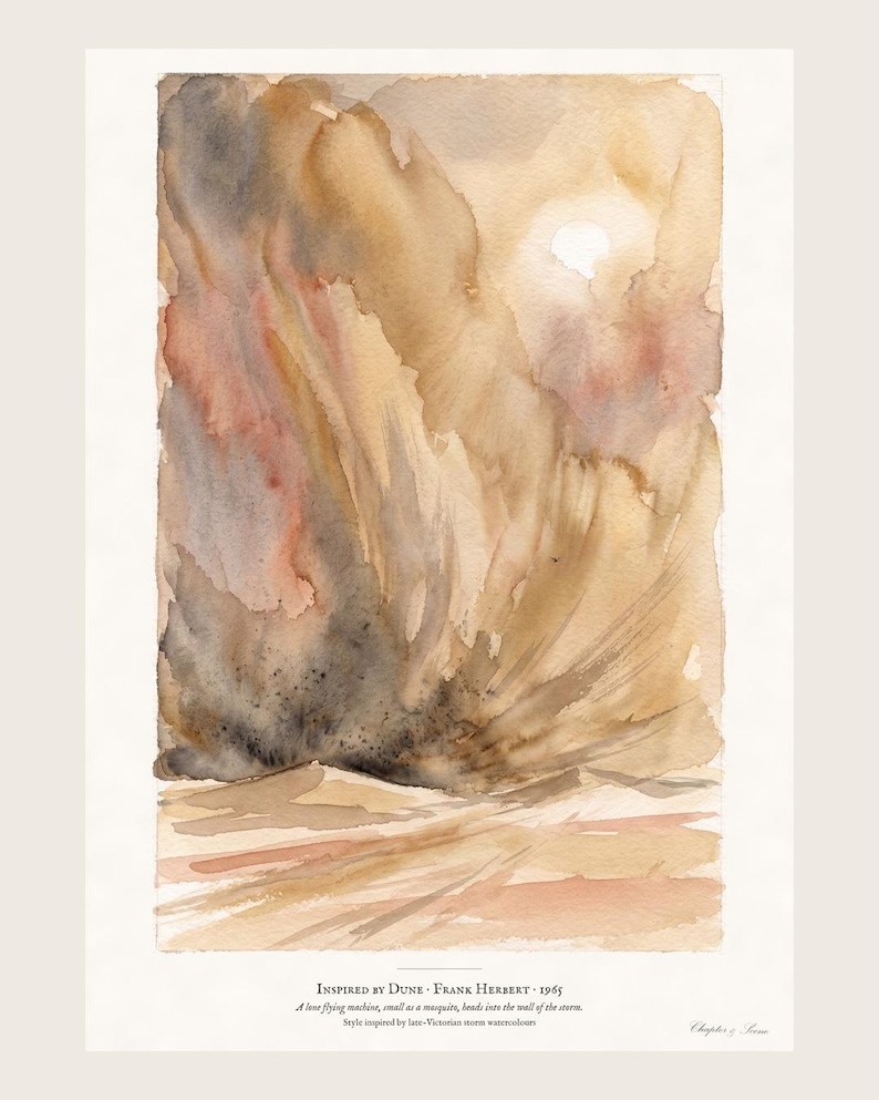 Dune inspired art print in watercolour style: a towering desert sandstorm with a pale sun behind it and one tiny flying machine heading into it. Shown framed in black, white or natural oak and unframed, with the style reference and behind-the-scenes shots.