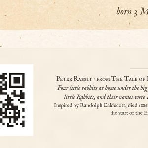 Personalised Peter Rabbit nursery print in the style of a Caldecott colour wood engraving: four little rabbits in a sand-bank under the root of a big fir tree, with the first line of the story and a band for the baby's name and date.