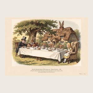 Alice in Wonderland art print in Victorian colour wood engraving style: the Mad Tea-Party, with the Hatter, the March Hare and the sleeping Dormouse at a long table, Alice in a big armchair and the ear-chimneyed house behind. Shown framed in black, white or natural oak and unframed, with the style reference and behind-the-scenes shots.