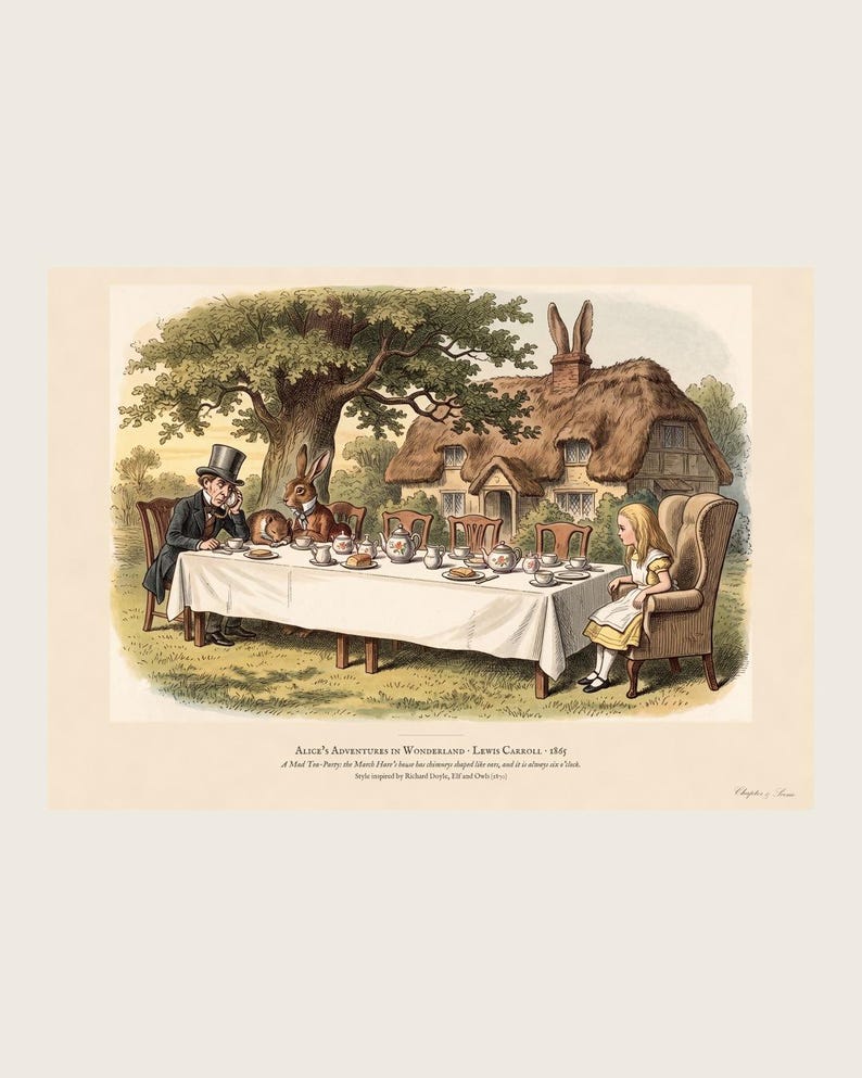 Alice in Wonderland art print in Victorian colour wood engraving style: the Mad Tea-Party, with the Hatter, the March Hare and the sleeping Dormouse at a long table, Alice in a big armchair and the ear-chimneyed house behind. Shown framed in black, white or natural oak and unframed, with the style reference and behind-the-scenes shots.