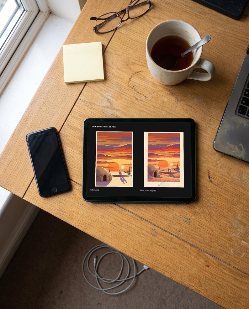 Twin Suns Sci Fi Art Print, Binary Sunset Desert Homestead, Retro Lithograph Style Wall Art image 12