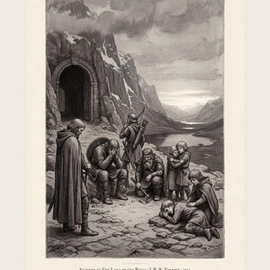 Lord of the Rings Art Print, Fellowship Grief at Moria Etching Wall Art, Lothlorien Tolkien Gift image 1