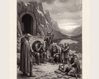 Lord of the Rings Art Print, Fellowship Grief at Moria Etching Wall Art, Lothlorien Tolkien Gift