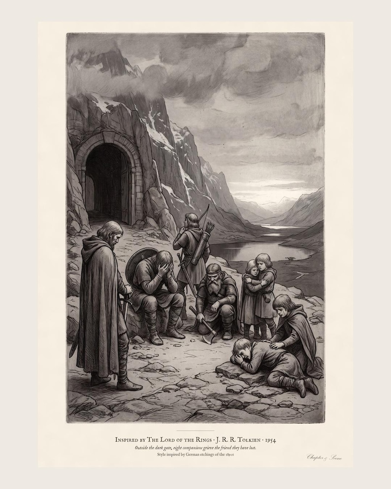 Lord of the Rings Art Print, Fellowship Grief at Moria Etching Wall Art, Lothlorien Tolkien Gift image 1