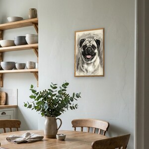Personalised pet portrait print: Charcoal, A3 in a natural oak frame, kitchen-diner