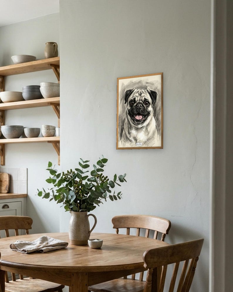 Personalised pet portrait print: Charcoal, A3 in a natural oak frame, kitchen-diner