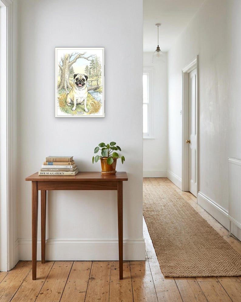 Personalised pet portrait print: Storybook watercolour, A3 in a white frame, bright hallway
