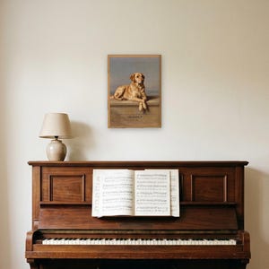Personalised dog memorial print in the style of Edwin Landseer: a gentle portrait of a dog at rest, with Lord Byron's epitaph, Beauty without Vanity, Strength without Insolence, Courage without Ferocity, and a line for the dog's name and years.