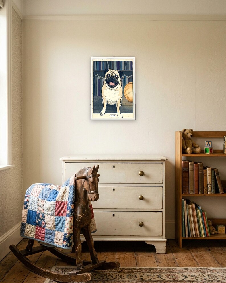 Personalised pet portrait print: Japanese woodblock, A3 in a white frame, vintage nursery
