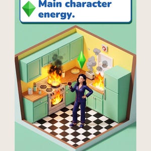 Main character energy funny kitchen print in bright life-sim game style: a calm woman in navy pyjamas holds a glass of red wine while her mint and lemon kitchen burns around her. Shown framed in black, white or natural oak and unframed, with behind-the-scenes shots.