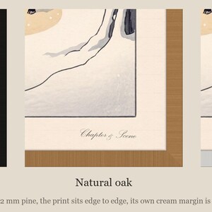 Narnia inspired art print in Japanese snow woodblock style: a girl in a blue coat finds a glowing lamp-post in a snowy wood at night as a faun with an umbrella and parcels hurries towards her. Shown framed in black, white or natural oak and unframed, with the style reference and behind-the-scenes shots.