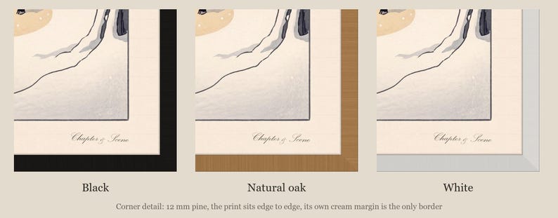 Narnia inspired art print in Japanese snow woodblock style: a girl in a blue coat finds a glowing lamp-post in a snowy wood at night as a faun with an umbrella and parcels hurries towards her. Shown framed in black, white or natural oak and unframed, with the style reference and behind-the-scenes shots.