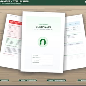 Può includere: Un set di documenti digitali per l'organizzazione equina e la gestione della scuderia, con una copertina bianca, un'icona a forma di ferro di cavallo verde, il testo STALLPLANER e pagine con campi per contatti di emergenza e salute.