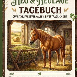 Könnte beinhalten: Ein Tagebuch mit dem Titel HEU & HEULAGE TAGEBUCH und dem Untertitel QUALITÄT, FRESSVERHALTEN & VERTRÄGLICHKEIT. Das Cover zeigt ein braunes Pferd, das in einem Stall Heu frisst, mit Blick auf Felder durch ein Fenster. Enthält Felder für Name und Datum.