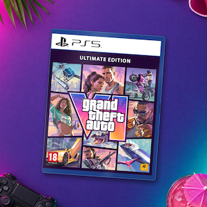 Può includere: Una custodia per videogioco PlayStation 5 di Grand Theft Auto VI Ultimate Edition. La copertina presenta un collage di personaggi, un elicottero, una moto, un'auto sportiva, una barca e un fenicottero, con il titolo ben visibile.