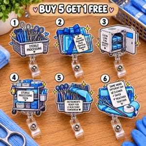 May include: Six acrylic badge reels featuring sterile processing themes. Designs include a basket of instruments, a wrapped pack, an autoclave, a supply cart, a basket with a sign, and a checklist with scissors, all in shades of blue and white.