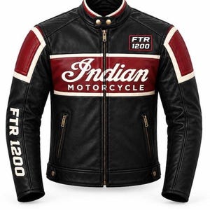 Indian FTR 1200 Style Motorcycle Jacket  Black Burgundy Red Biker Jacket  Men's Cafe Racer Leather Look Outerwear