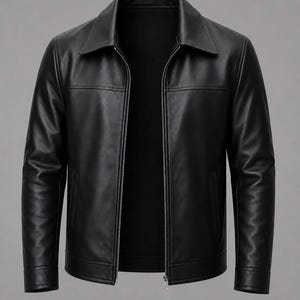May include: A black jacket with a smooth finish, featuring a classic pointed collar, a full-length front zip closure, long sleeves with cuffs, and horizontal seam detailing across the chest area. The garment has a clean, structured design.