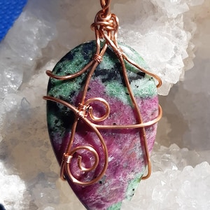 Natural Ruby Zoisite Pendant, Handmade Copper Wire Wrapped Necklace, Unique Gemstone Jewelry, French Artisan