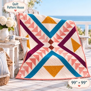 May include: A quilt featuring a geometric pattern of triangles in shades of pink, teal, and mustard yellow on a cream background. The quilt has a coral border and is labeled 99 inches by 99 inches. The text Quilt Pattern House is visible.
