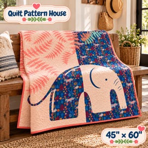 May include: A quilt featuring a large elephant silhouette on a dark blue floral background and a light peach section with fern patterns. The quilt measures 45 inches by 60 inches. The text Quilt Pattern House is visible at the top of the image.