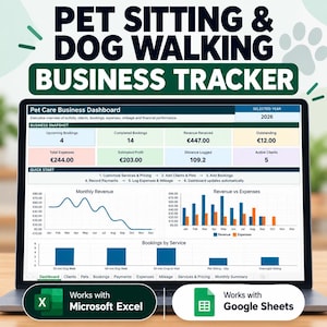 May include: A digital pet sitting and dog walking business tracker displayed on a laptop screen. The dashboard shows business metrics, including revenue, expenses, and booking charts for 2026. It is compatible with Microsoft Excel and Google Sheets.