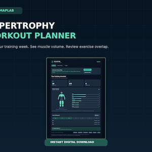 May include: A digital Hypertrophy Workout Planner interface by Musclemaplab featuring a dark theme with teal accents. The dashboard displays training metrics, a human muscle anatomy diagram, and exercise volume charts for tracking weekly fitness progress.