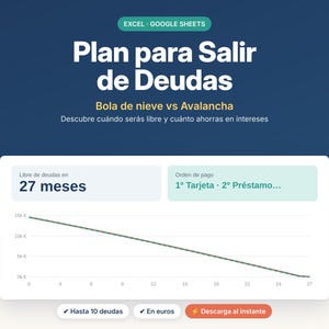 Puede incluir: Un planificador digital de pago de deudas para Excel y Google Sheets titulado Plan para Salir de Deudas. Incluye un gráfico lineal con un plazo de 27 meses, campos de orden de pago y botones para descarga instantánea en euros.