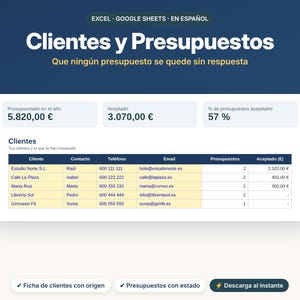 Op de afbeelding: Een digitaal dashboard getiteld Clientes y Presupuestos, compatibel met Excel en Google Sheets. Het toont financiële gegevens, klantenlijsten met namen, telefoonnummers, e-mails en offertetotalen in euro's, plus knoppen voor directe download.