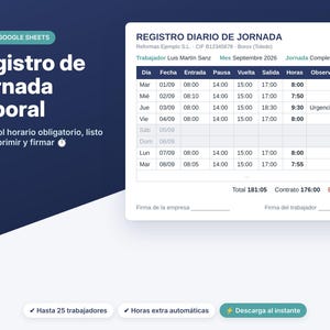 Op de afbeelding: Een digitaal dagelijks werklogboek-sjabloon voor Excel en Google Sheets genaamd Registro Diario de Jornada. Het bevat een tabel voor het bijhouden van datums, begin-, pauze-, terugkeer- en eindtijden, met kolommen voor totaaluren en opmerkingen.