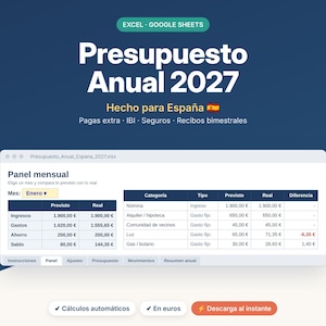 2027 Annual Budget Template in Excel (Spain) | Expense and Income Tracking | Bonuses | Personal Finance | Google Sheets