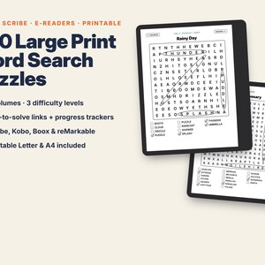 May include: A digital product titled 500 Large Print Word Search Puzzles for Kindle Scribe and e-readers. It features 5 volumes, 3 difficulty levels, tap-to-solve links, and progress trackers. Includes printable Letter and A4 formats for devices.