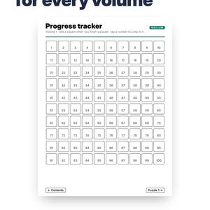 May include: A digital progress tracker page featuring the text TAP SOLVE TRACK and A progress tracker for every volume. The grid contains numbered squares from 1 to 100, a MEDIUM label, and navigation buttons for Contents and Puzzle 1 for Kindle Scribe, Kobo, Boox, and reMarkable.