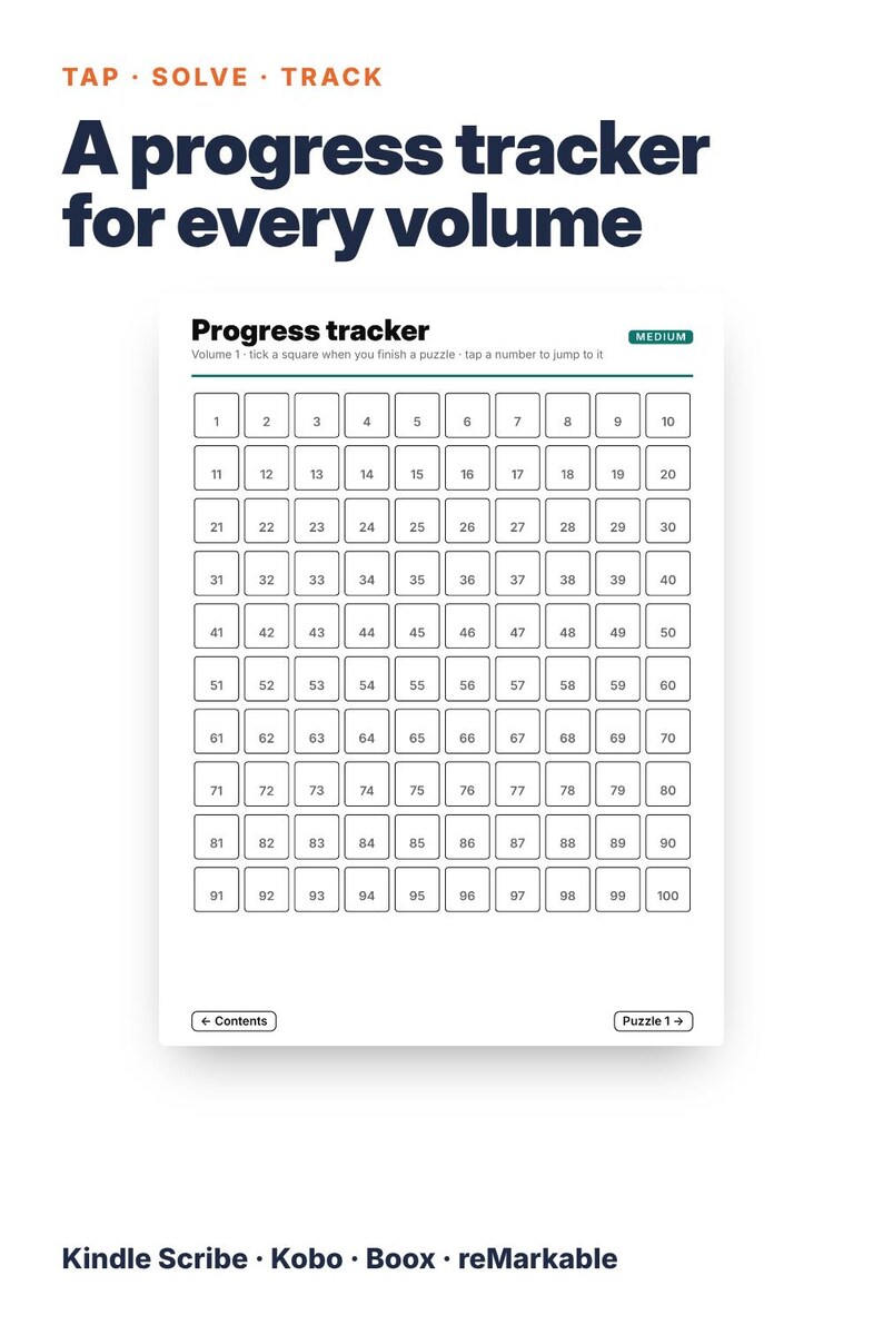 May include: A digital progress tracker page featuring the text TAP SOLVE TRACK and A progress tracker for every volume. The grid contains numbered squares from 1 to 100, a MEDIUM label, and navigation buttons for Contents and Puzzle 1 for Kindle Scribe, Kobo, Boox, and reMarkable.