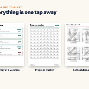 May include: A digital interface display featuring three sections: The library with five volumes, a numbered progress tracker grid from 1 to 100, and a page showing 500 solutions for Volume 5. The text reads Easy to find your way, Everything is one tap away.