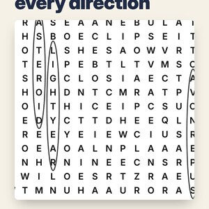 May include: A word search puzzle for experienced puzzlers titled Words hidden in every direction. The grid features black letters on a white background with three vertical ovals circling specific words. Text at the bottom reads Easy, Medium, Hard, and Large print.