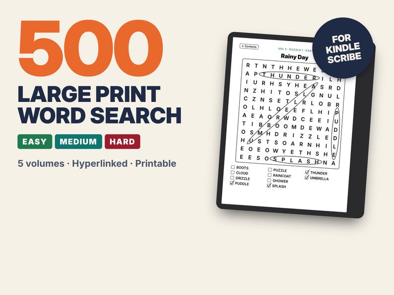 May include: A digital word search puzzle displayed on a tablet screen with the text 500 LARGE PRINT WORD SEARCH, EASY, MEDIUM, HARD, 5 volumes, Hyperlinked, Printable, and FOR KINDLE SCRIBE. The puzzle grid shows circled words like THUNDER and PUDDLE.