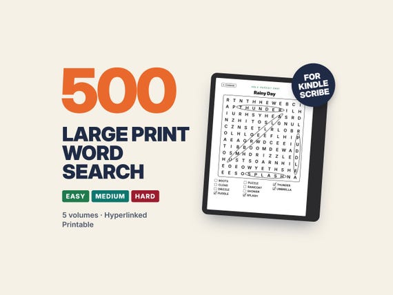 500 Large Print Word Search Puzzles for Kindle Scribe, Hyperlinked PDF, Printable