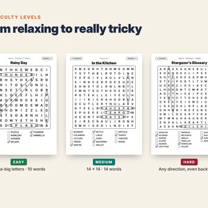 May include: Three word search puzzles titled Rainy Day, In the Kitchen, and Stargazer's Glossary, labeled with difficulty levels Easy, Medium, and Hard. Each grid contains letters and circled words with corresponding checklists below each puzzle.