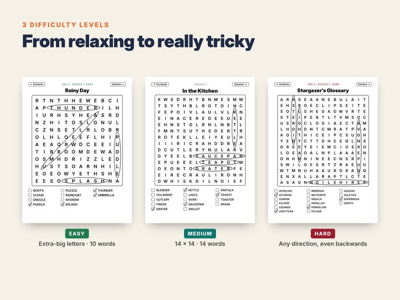 May include: Three word search puzzles titled Rainy Day, In the Kitchen, and Stargazer's Glossary, labeled with difficulty levels Easy, Medium, and Hard. Each grid contains letters and circled words with corresponding checklists below each puzzle.