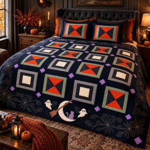 Patrón de colcha de Halloween en PDF para nivel intermedio, patrón de costura de otoño, colcha de patchwork fácil, colcha Boo Bat Spider Web, PDF digital, tamaño king