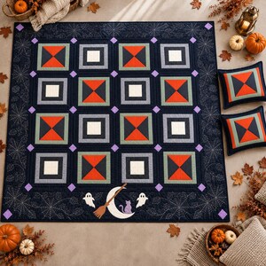 Halloween King Size Quilt Pattern, Boo Bat Spider Web Patchwork (PDF)