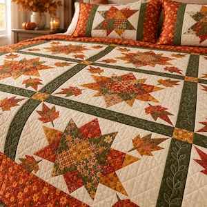 Puede incluir: Una colcha acolchada y fundas de almohada a juego con un patrón repetitivo de grandes estrellas formadas por parches de tela en colores otoñales, en tonos naranja, amarillo y verde, separadas por bordes de color verde oscuro con costuras.