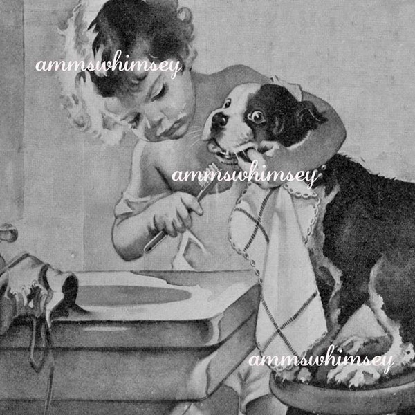 Little Girl Brushes Dog's Teeth, Puppy Hygiene, Great Bathroom Print, Great Gift for Dentist, Graduating Dental Student  #81
